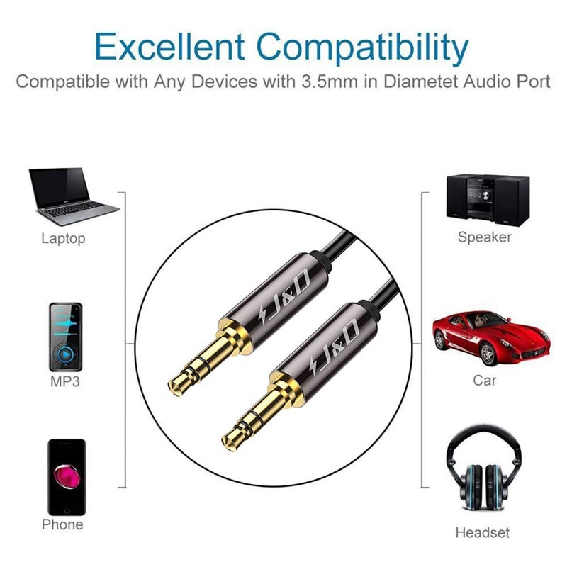 J&D AUX Cord, 3.5mm Male to Male Auxiliary Audio Cable, Gold Plated [Copper Shell] [Heavy Duty] 1/8" TRS Male to Male Stereo Audio Cable Compatible for Headphone, Car, Tablets, Speakers (9 Feet) - Image 4